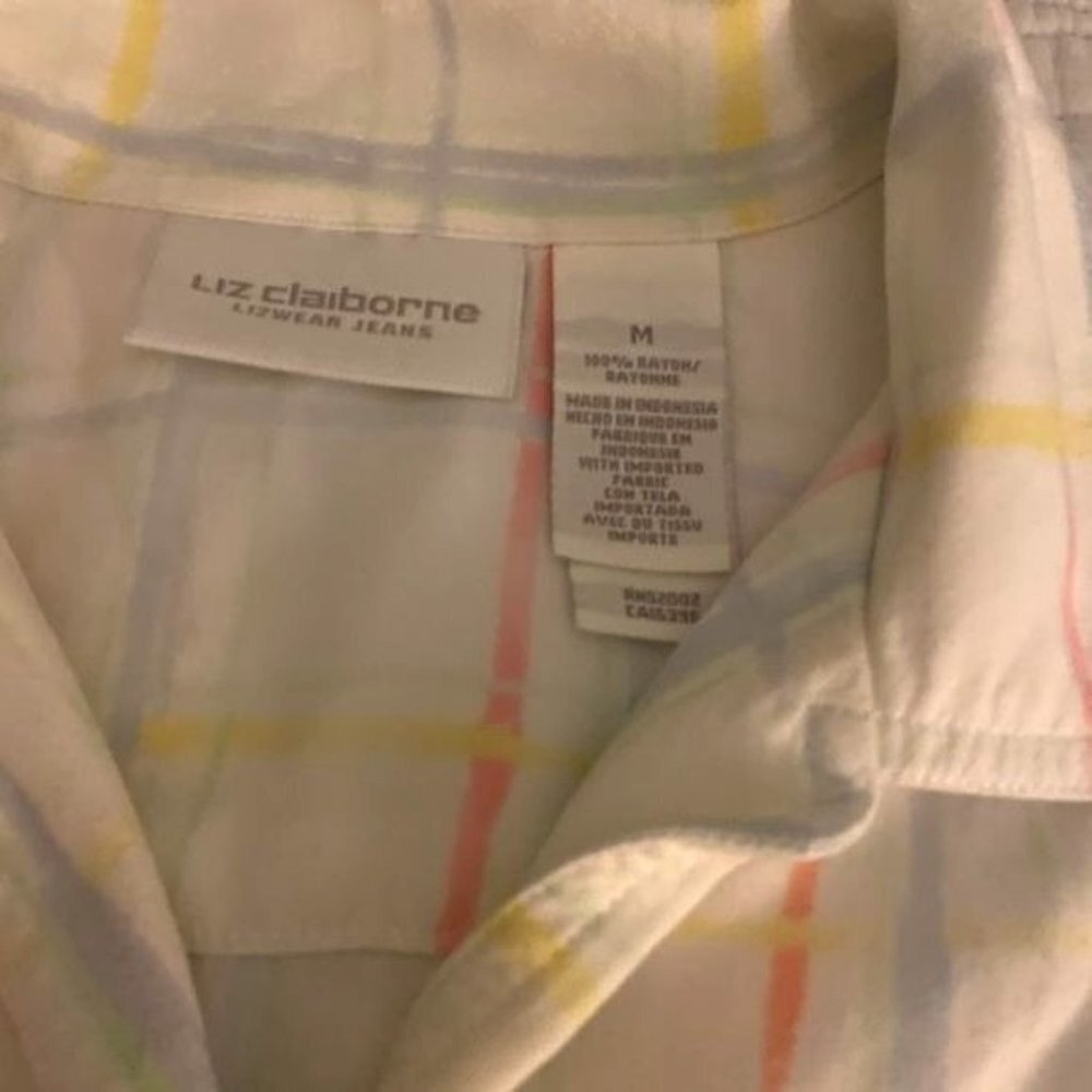 Liz Claiborne Sleeveless Button Down Top White Multi Colored Lines Medium - Picture 4 of 5